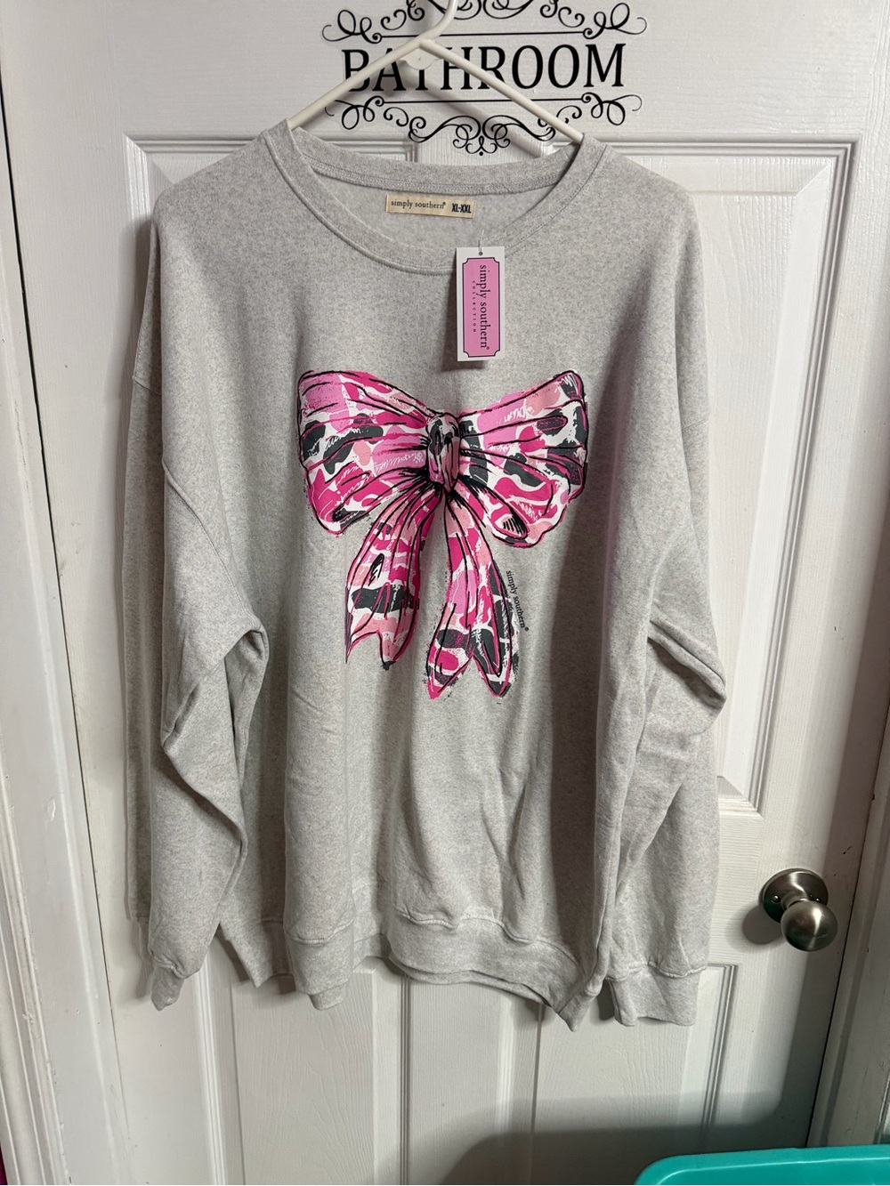 Simply Southern Light Gray Sweatshirt with Pink Bow Print